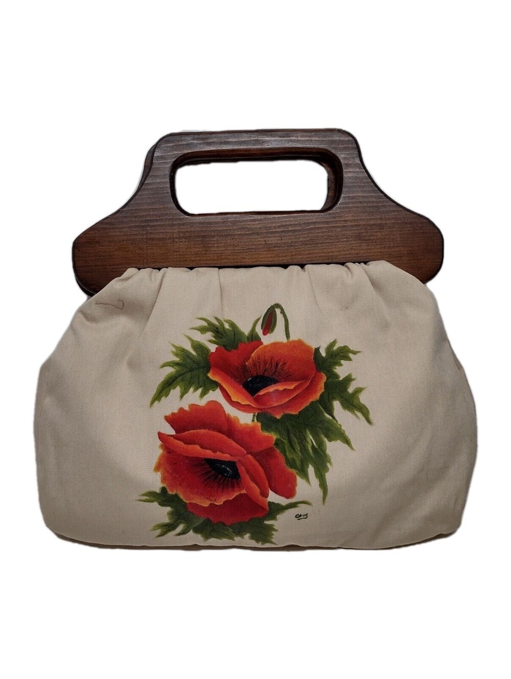 Vintage 70s Hand Painted Poppy Canvas Handbag Wood Handle Signed Folk Art Purse